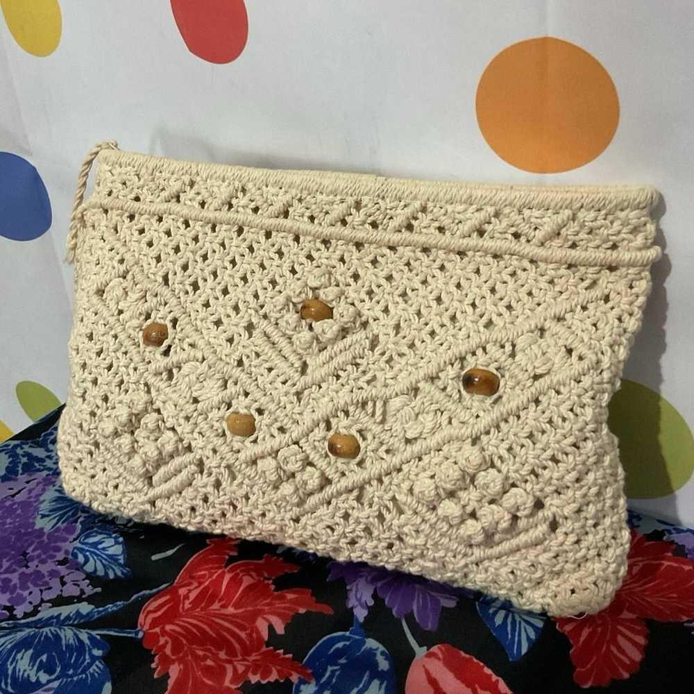 Vintage Crochet Macramé Bag Zip Top Wood Beads - image 3
