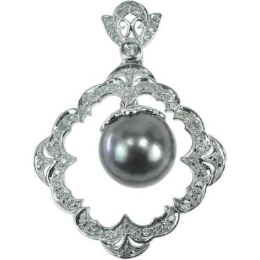 14K 10.5mm Black Pearl Scalloped Diamond Ornate P… - image 1