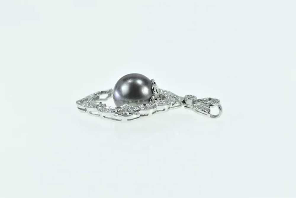 14K 10.5mm Black Pearl Scalloped Diamond Ornate P… - image 2