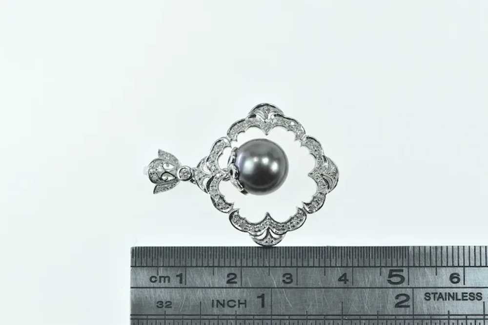 14K 10.5mm Black Pearl Scalloped Diamond Ornate P… - image 4