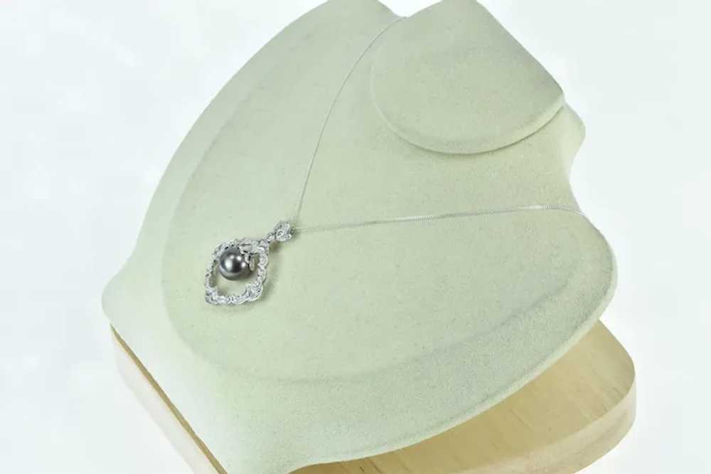 14K 10.5mm Black Pearl Scalloped Diamond Ornate P… - image 6