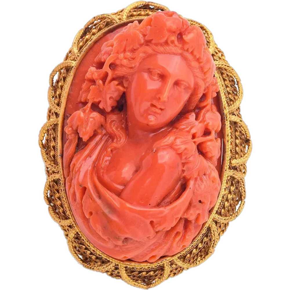 Antique 20K Gold Red Coral Cameo Bacchante Bacchu… - image 1