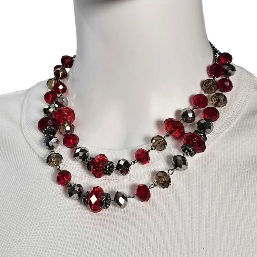 Vintage Trifari 2-Strand Red Crystal Faceted Bead… - image 1