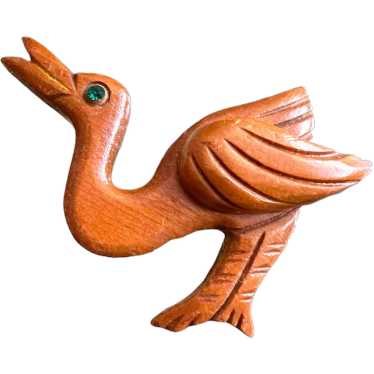 Vintage Stylized Carved Wood Bird Brooch, Bakelite