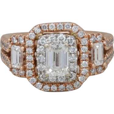 14k Rose Gold Emerald Cut Diamond Double Halo Eng… - image 1