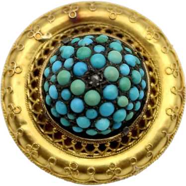 Etruscan Revival 14K Gold, Turquoise, and Diamond 