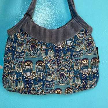 Vintage Laurel Burch Cat Bag Blue Cloth 12 x 9 - image 1