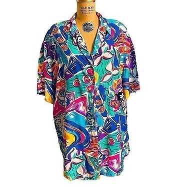 Vtg Colorful Abstract Pattern Short sleeve button… - image 1