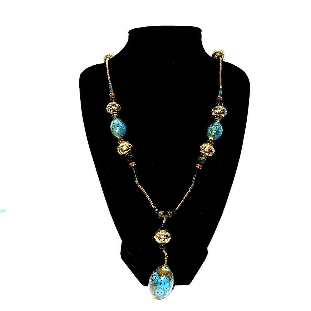 Vintage Necklace Gold Tone Natural Gemstone Glass… - image 10