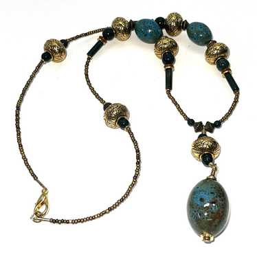 Vintage Necklace Gold Tone Natural Gemstone Glass… - image 1