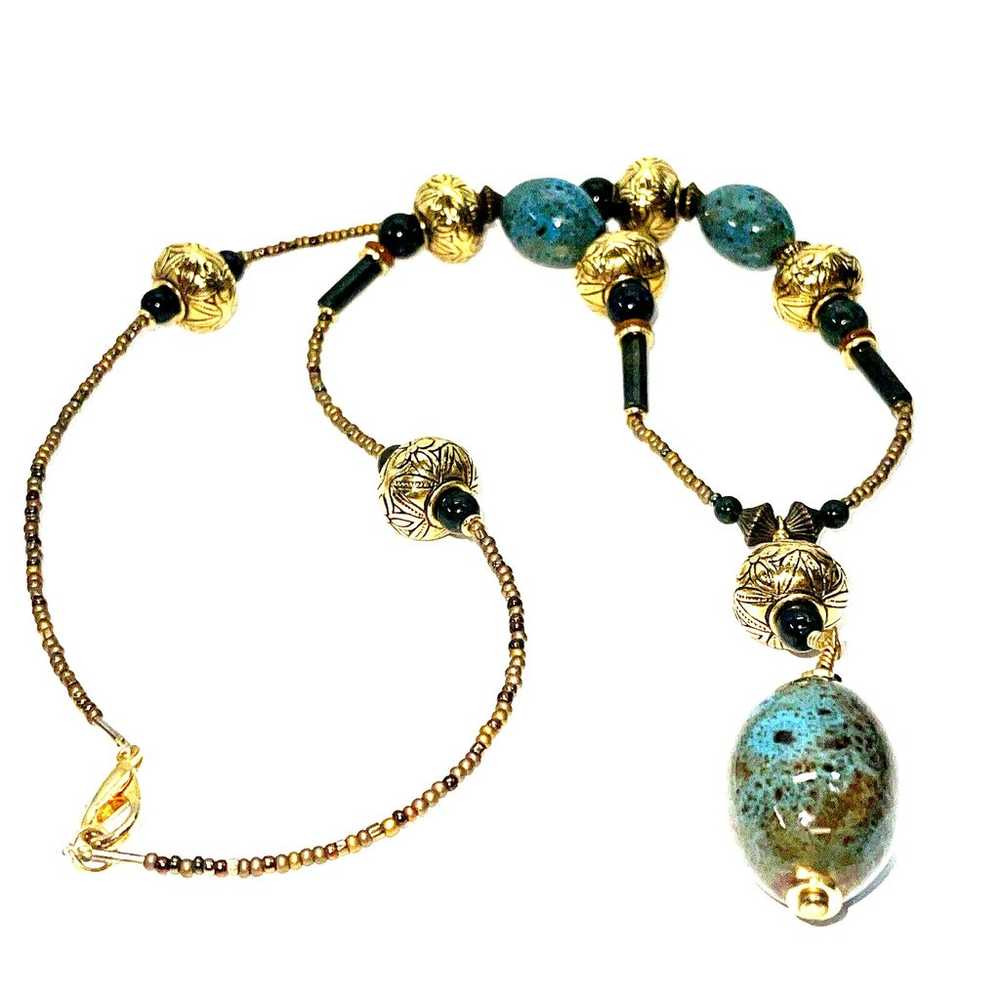 Vintage Necklace Gold Tone Natural Gemstone Glass… - image 2