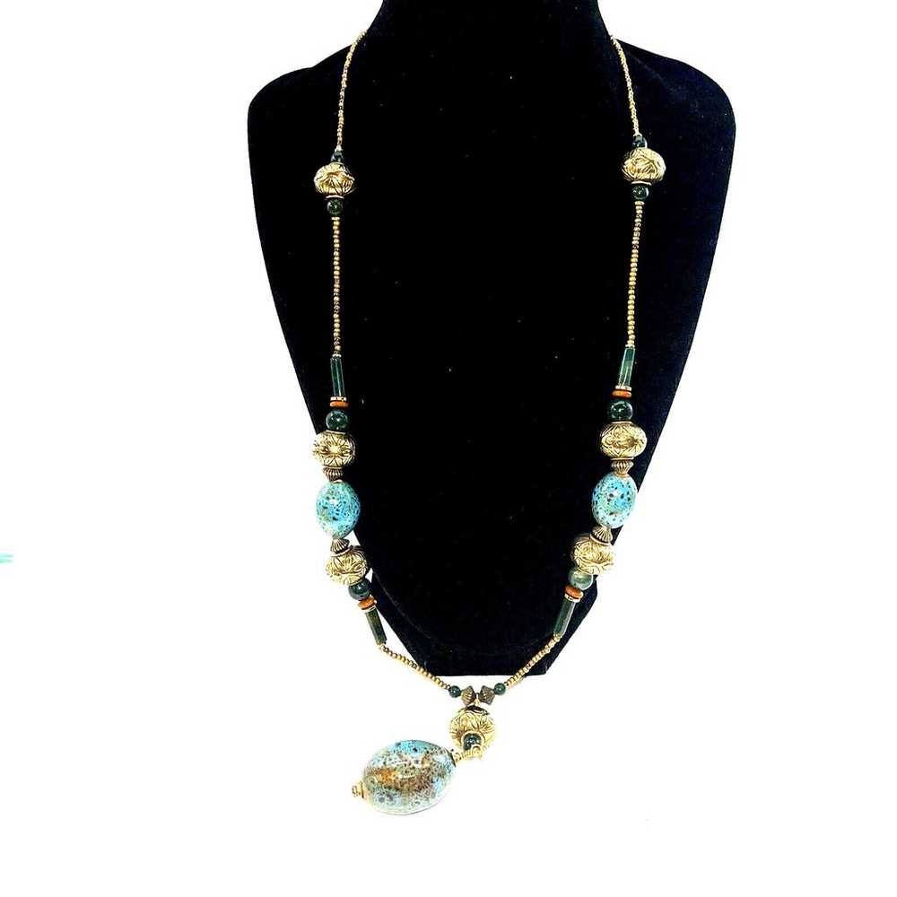 Vintage Necklace Gold Tone Natural Gemstone Glass… - image 3