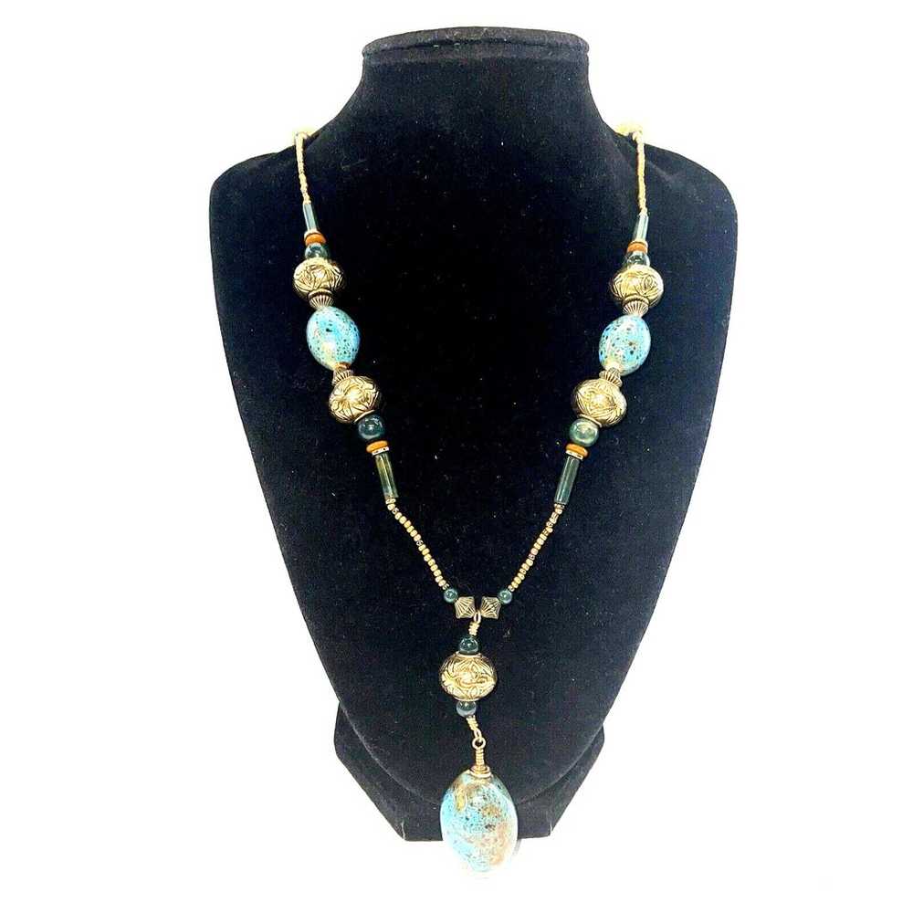 Vintage Necklace Gold Tone Natural Gemstone Glass… - image 5