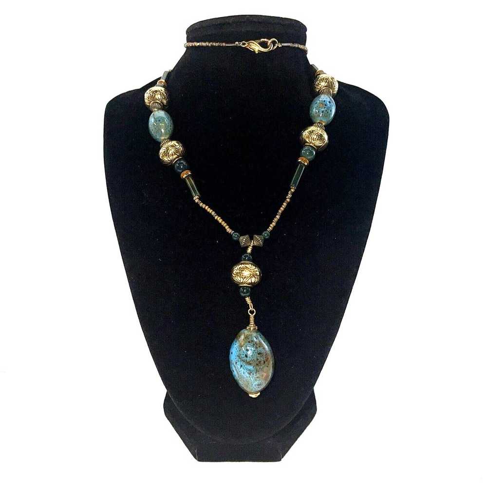 Vintage Necklace Gold Tone Natural Gemstone Glass… - image 6