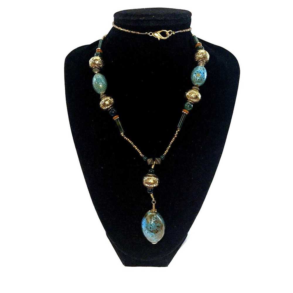 Vintage Necklace Gold Tone Natural Gemstone Glass… - image 7
