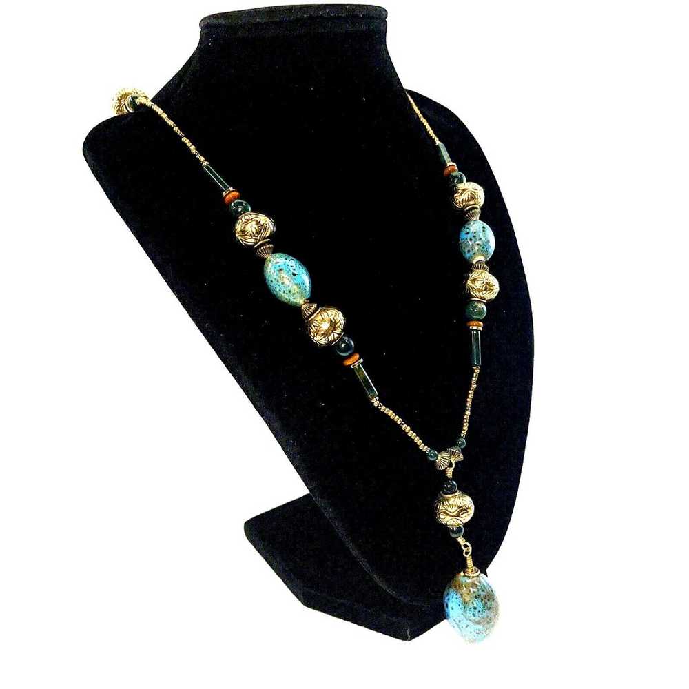 Vintage Necklace Gold Tone Natural Gemstone Glass… - image 8