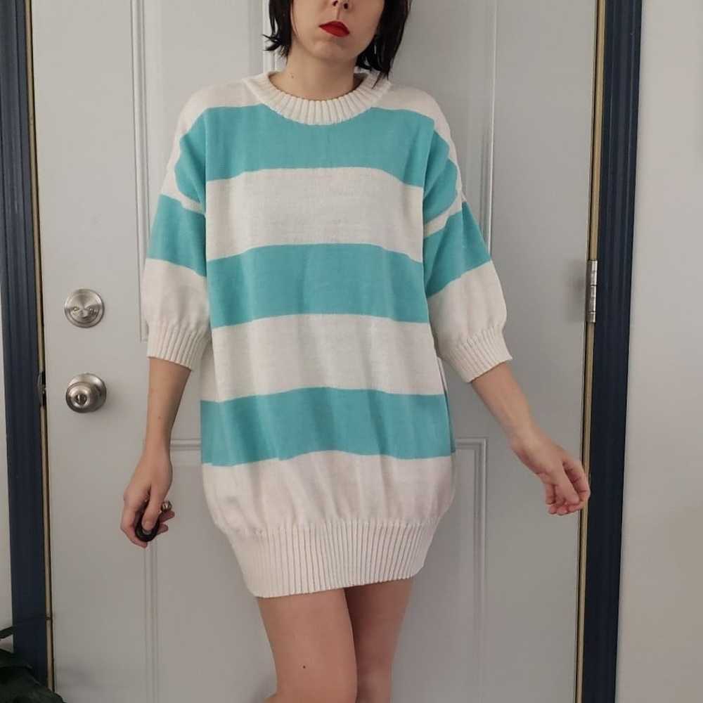 80s Blue and White Oversize Striped Sweater - image 1