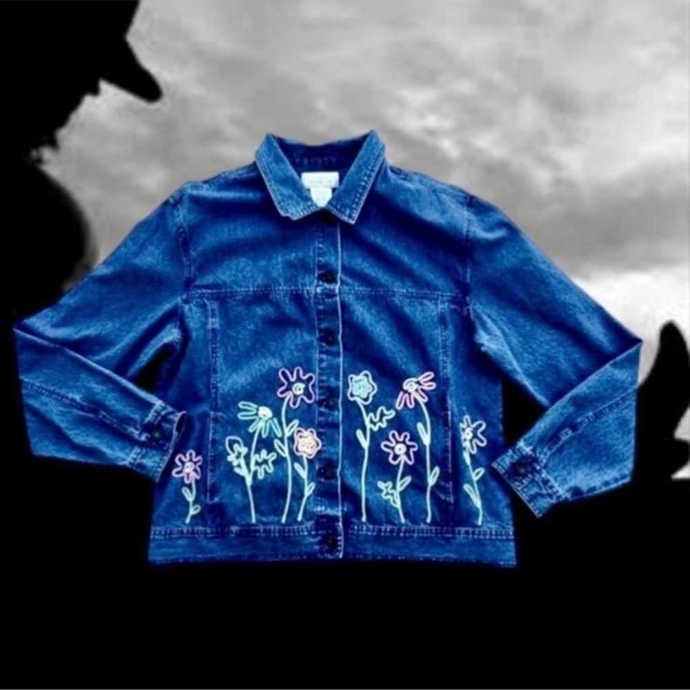 Vintage 90’s Denim Jean Jacket Floral Embroidery … - image 3