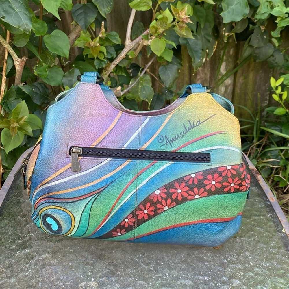 Bag. Anuschka Genuine Leather Peacock painted pur… - image 2