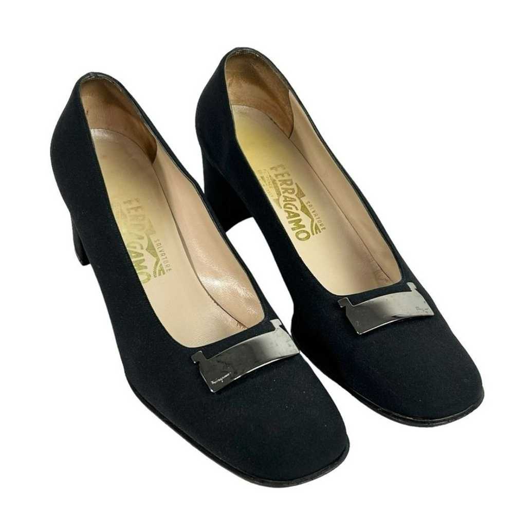 Salvatore Ferragamo Black Square Toe Fabric Pumps… - image 1