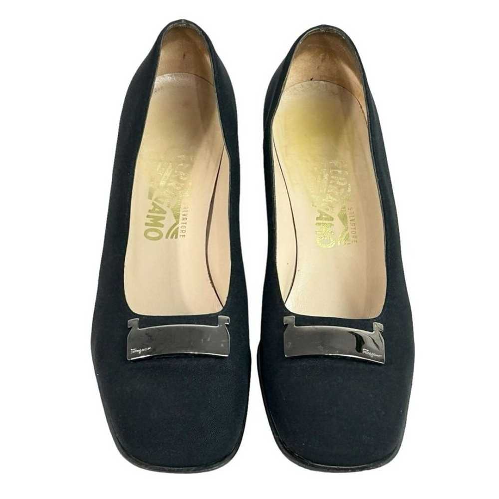 Salvatore Ferragamo Black Square Toe Fabric Pumps… - image 7