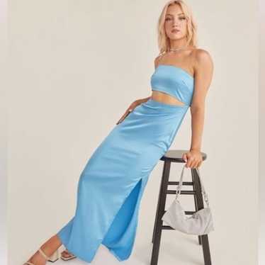 Peppermayo Blue Satin Cutout Maxi Dress