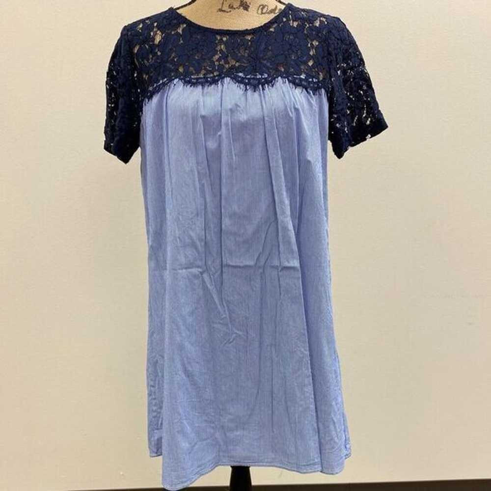 Luxology blue lace and pinstripe shift mini dress - image 1