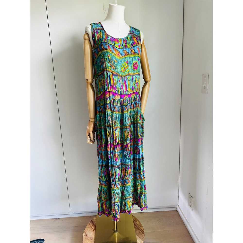 VTG 90s BILA Sundress Medium Green Fish Novelty P… - image 3