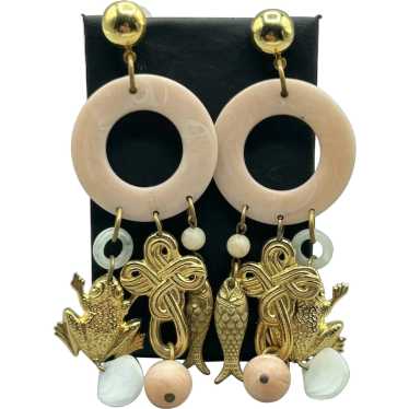Vintage Pale Pink Huge Dangles Earrings Gold Tone… - image 1