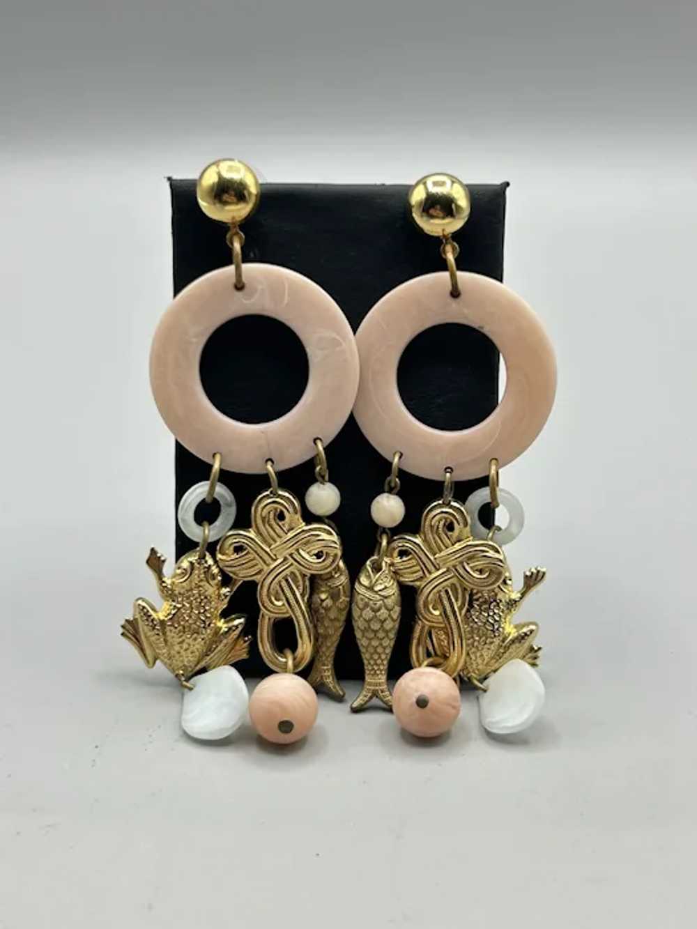 Vintage Pale Pink Huge Dangles Earrings Gold Tone… - image 2