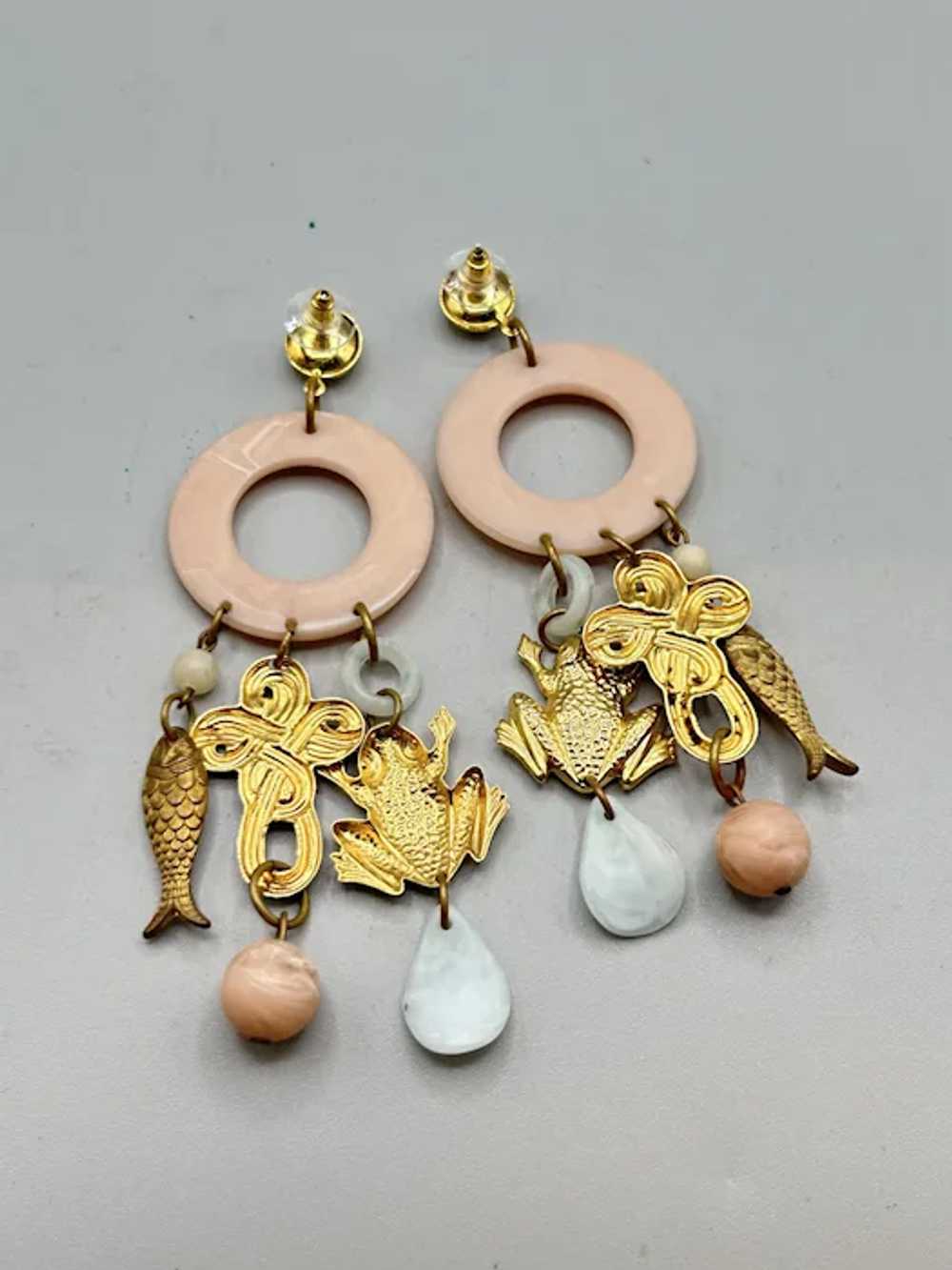 Vintage Pale Pink Huge Dangles Earrings Gold Tone… - image 3