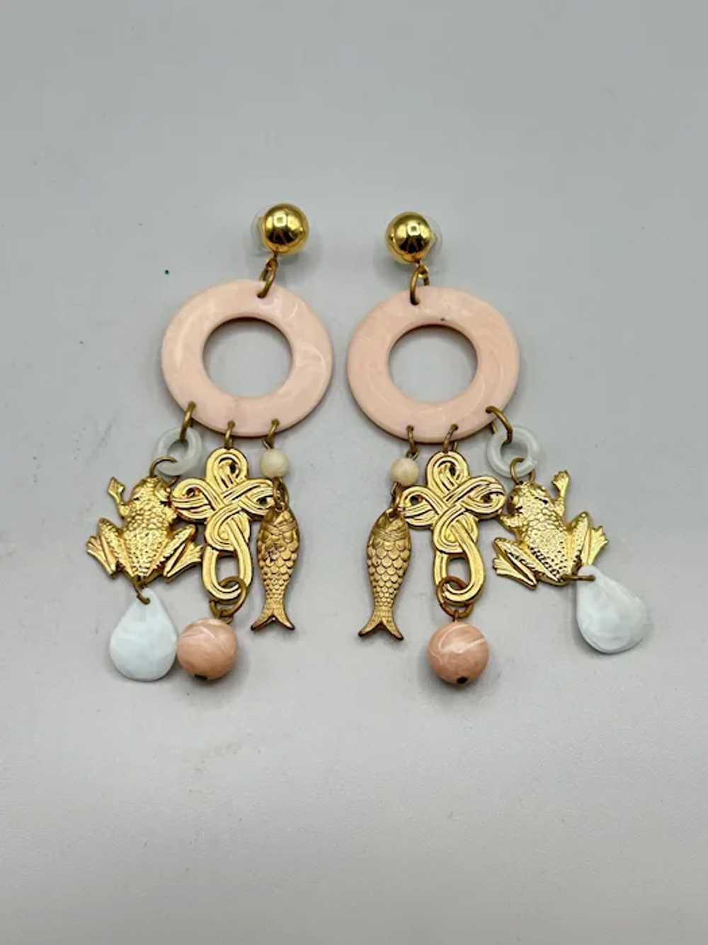 Vintage Pale Pink Huge Dangles Earrings Gold Tone… - image 4