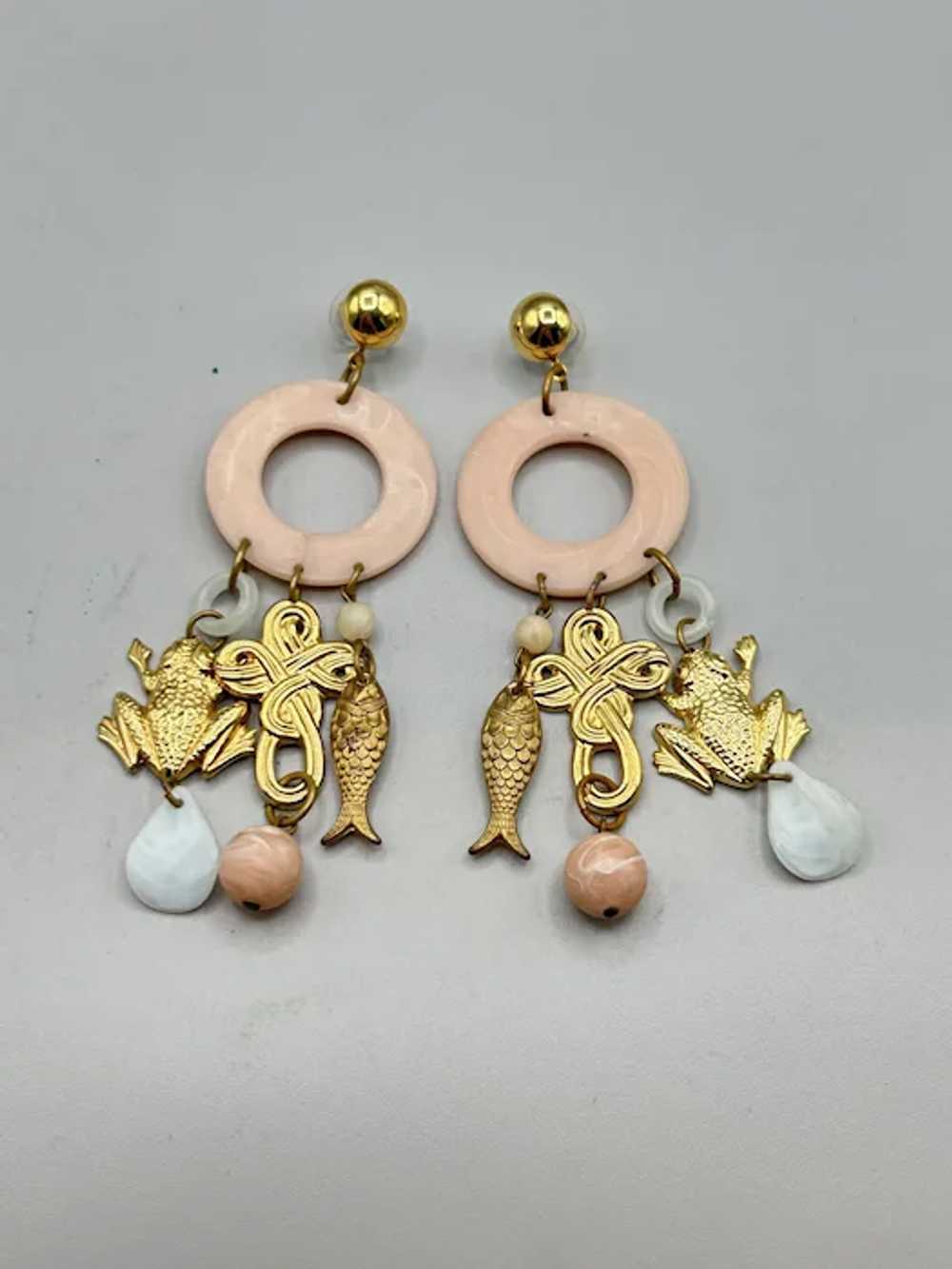 Vintage Pale Pink Huge Dangles Earrings Gold Tone… - image 5