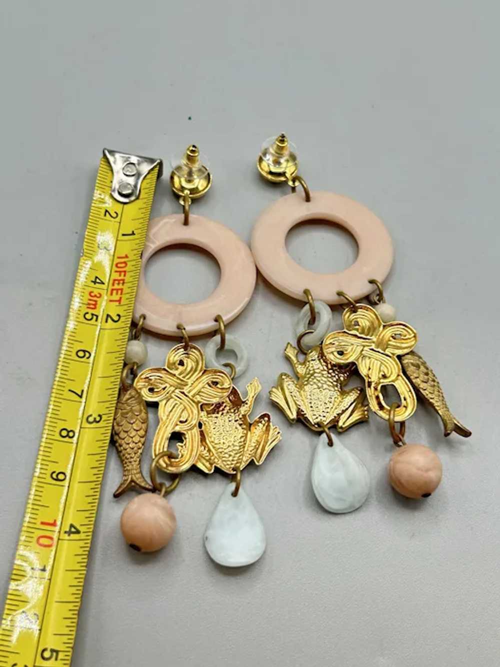 Vintage Pale Pink Huge Dangles Earrings Gold Tone… - image 6