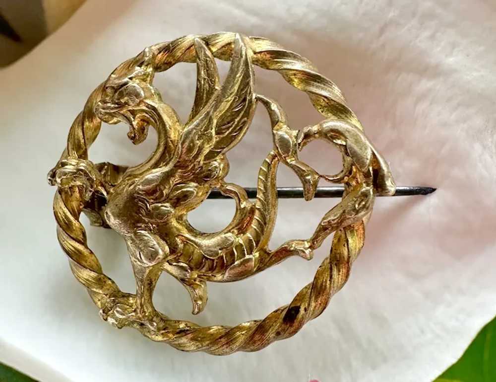 RARE Art Nouveau Gold Filled Griffin Brooch - image 2