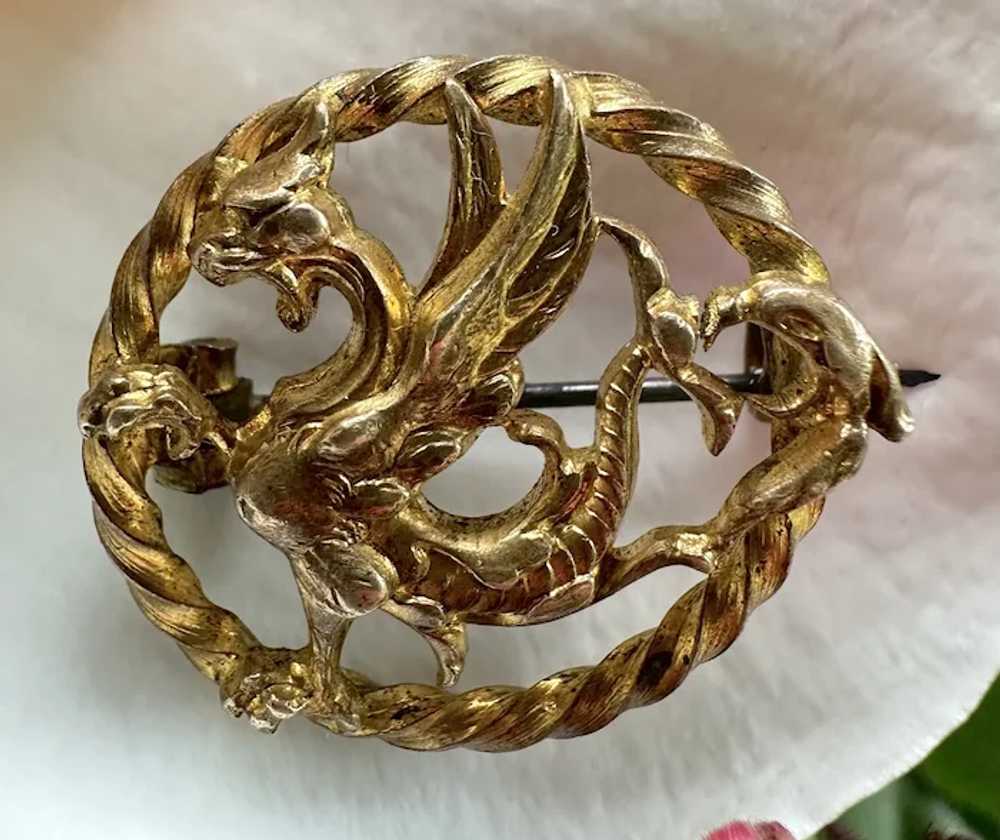 RARE Art Nouveau Gold Filled Griffin Brooch - image 3