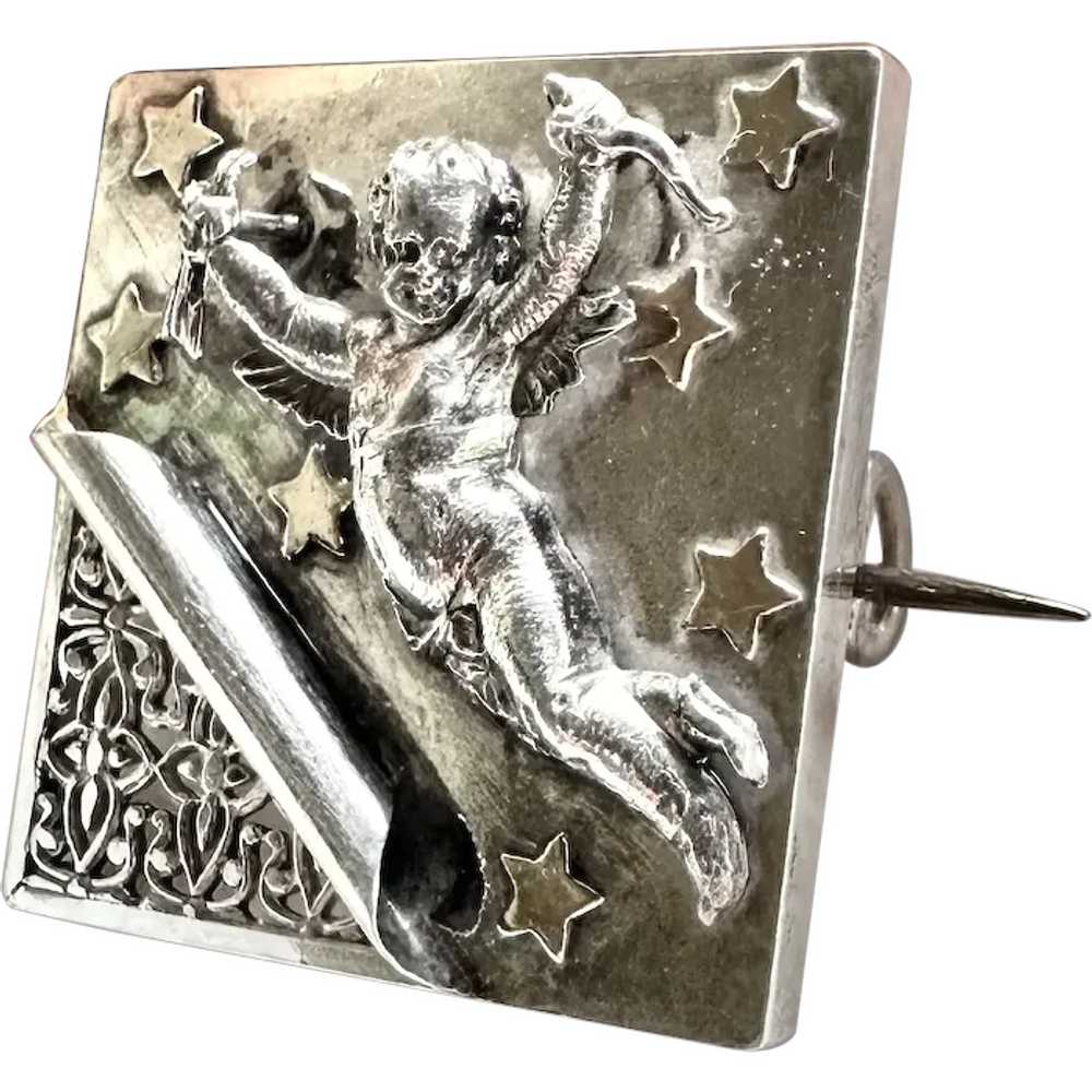 Vintage Angel Silver Brooch, Cupid Stars French P… - image 1