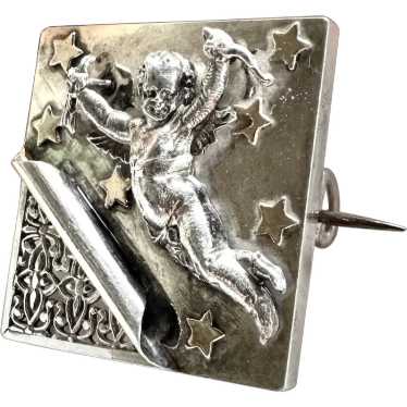 Vintage Angel Silver Brooch, Cupid Stars French P… - image 1