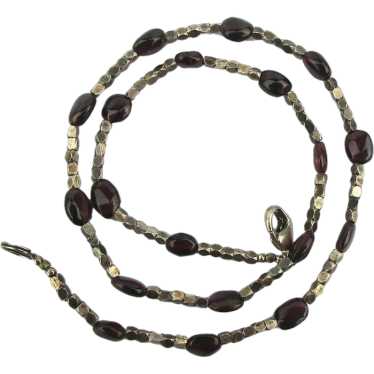 Sleek Sterling Silver Bead Necklace w/ Garnet Red… - image 1