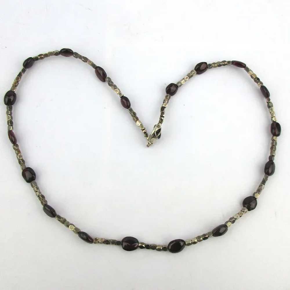 Sleek Sterling Silver Bead Necklace w/ Garnet Red… - image 2