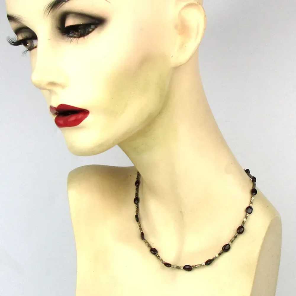 Sleek Sterling Silver Bead Necklace w/ Garnet Red… - image 3