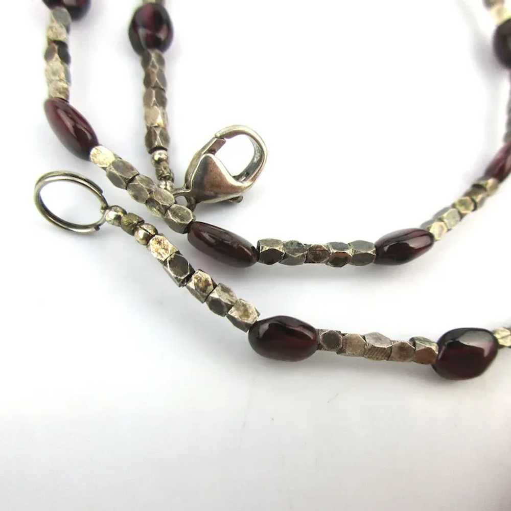 Sleek Sterling Silver Bead Necklace w/ Garnet Red… - image 5