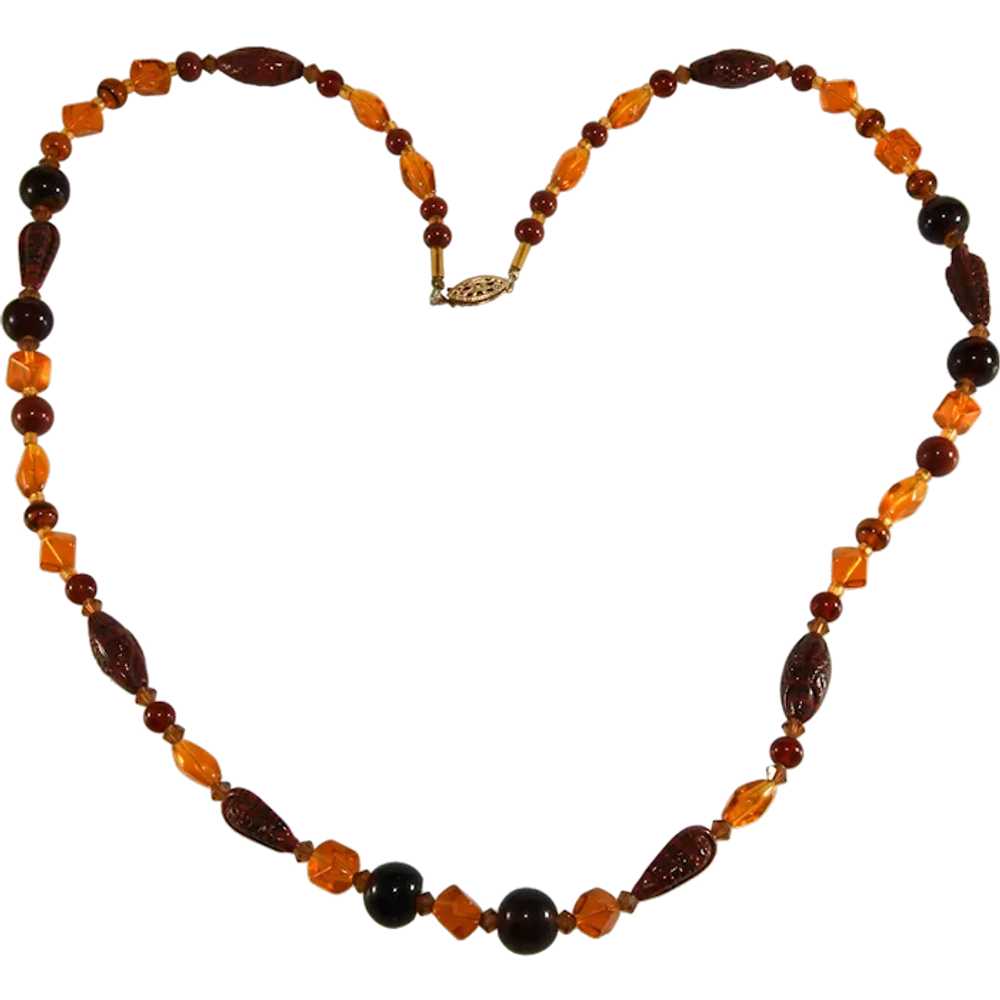 Vintage Beaded Necklace Amber Reddish Brown Glass… - image 1