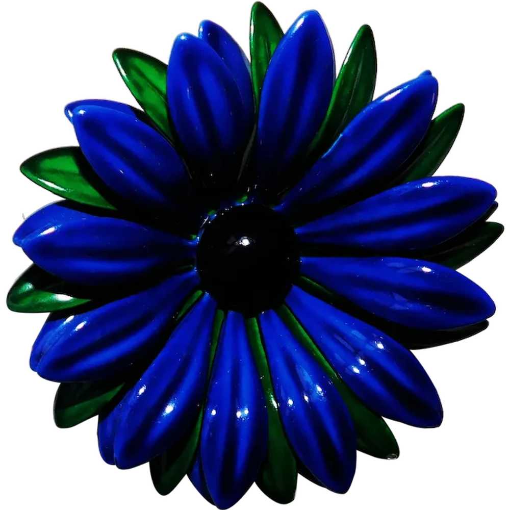 Fabulous 1960s Dark Blue & Green Enamel Flower Po… - image 1