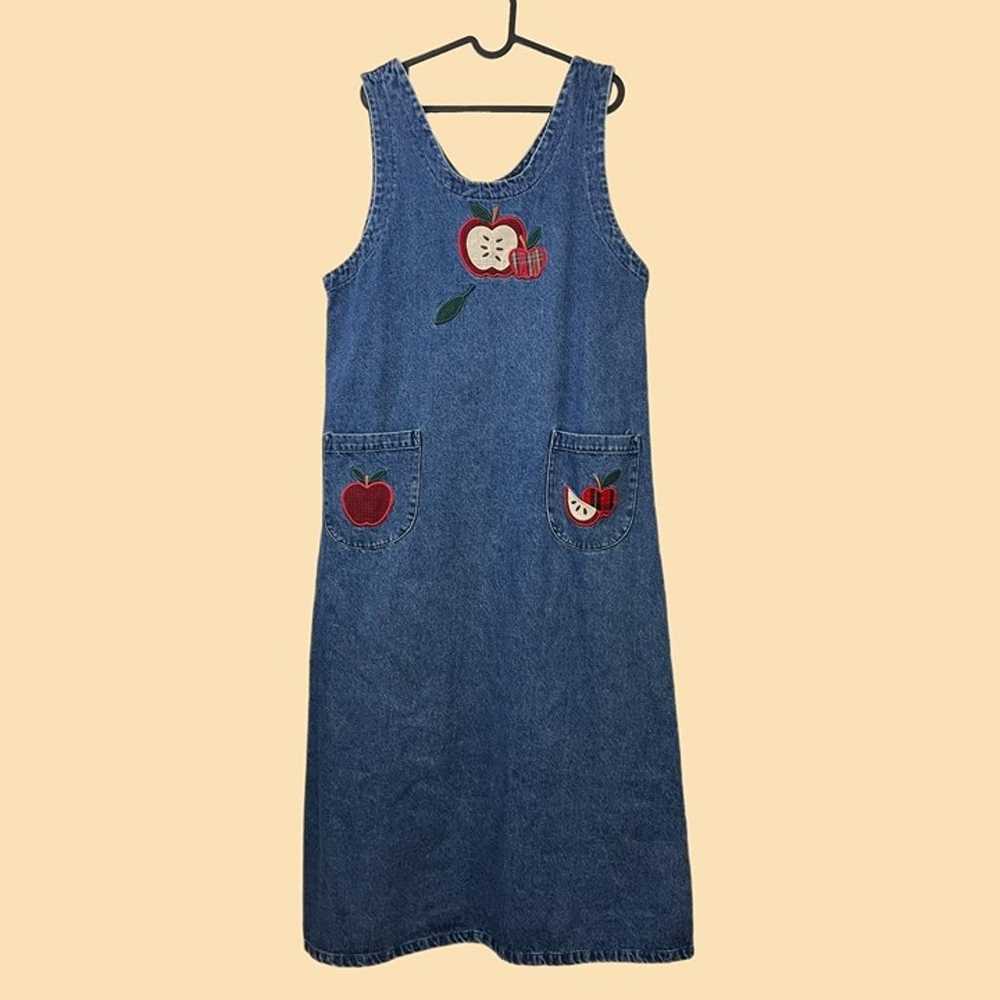 90s denim apple embroidered pinafore maxi dress - image 1