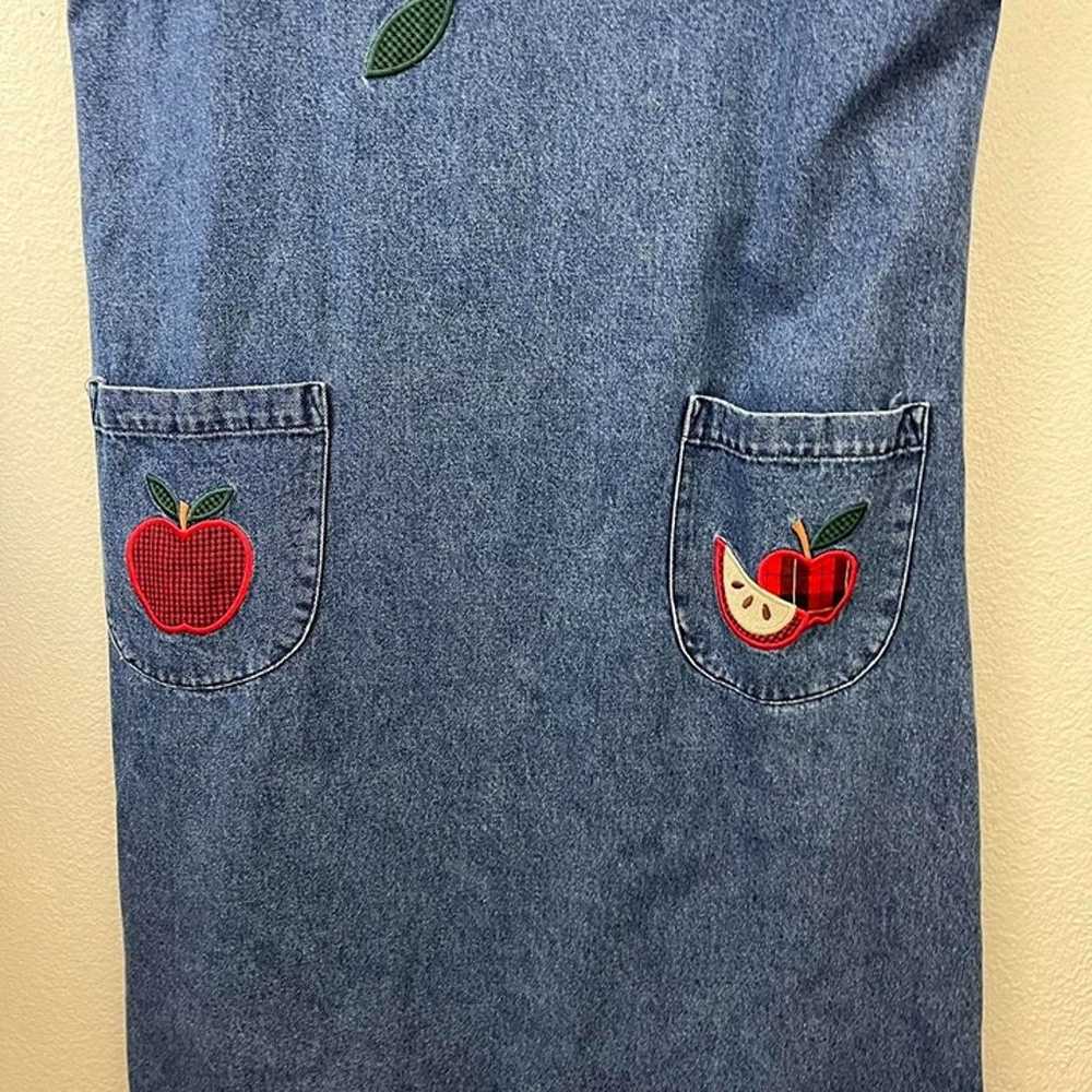 90s denim apple embroidered pinafore maxi dress - image 4