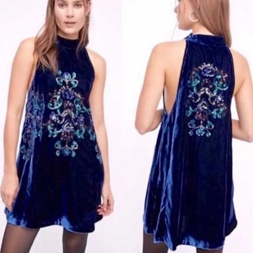 Free People Jill's Dress Blue Velvet Sequin Detai… - image 2