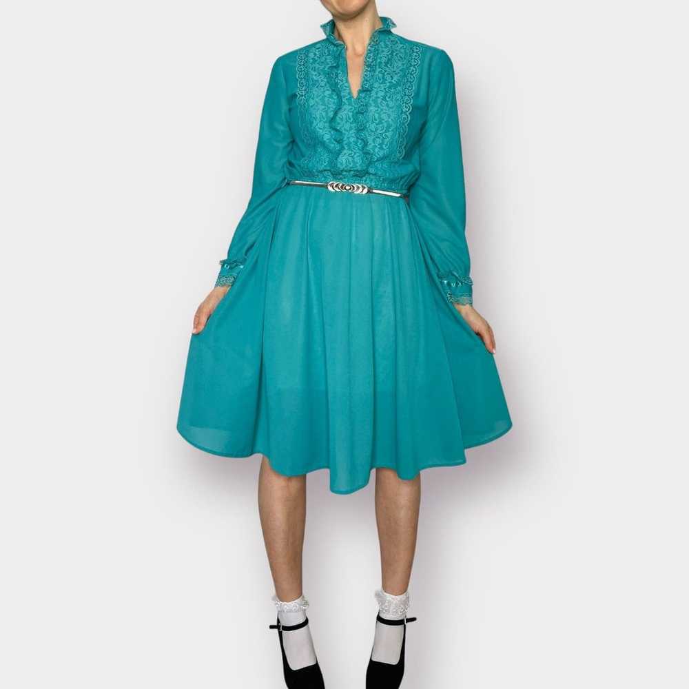 80s Jane Baar Teal Day Dress with Lace Trim - image 1