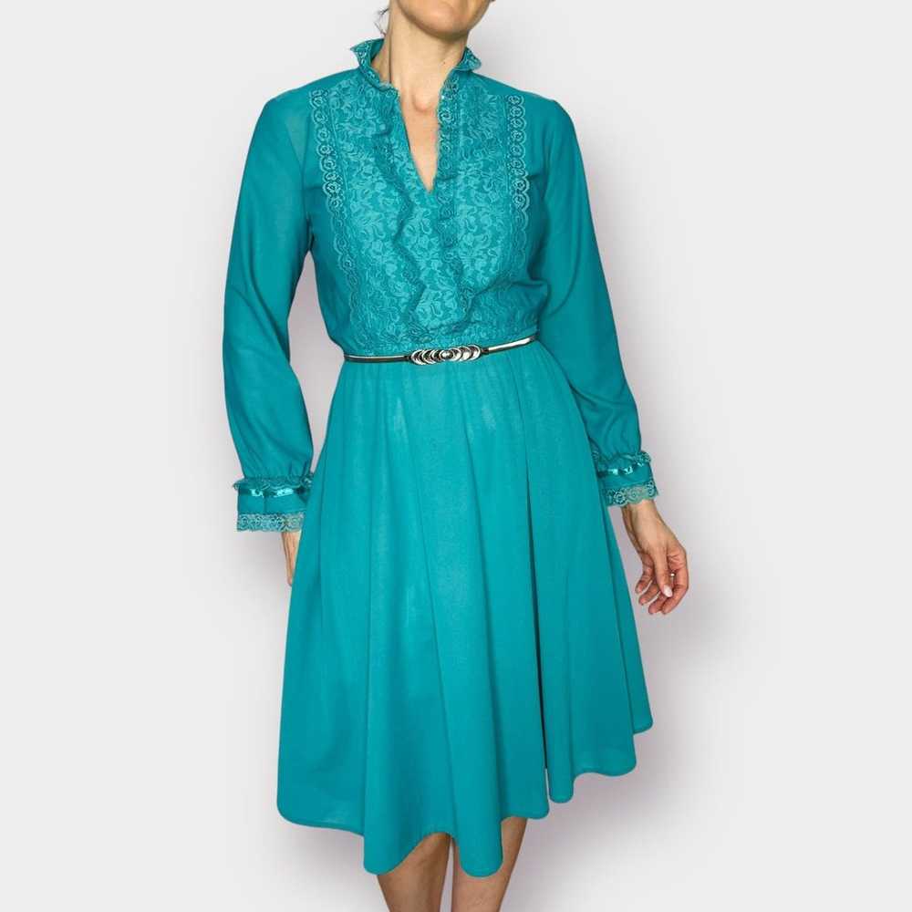 80s Jane Baar Teal Day Dress with Lace Trim - image 2