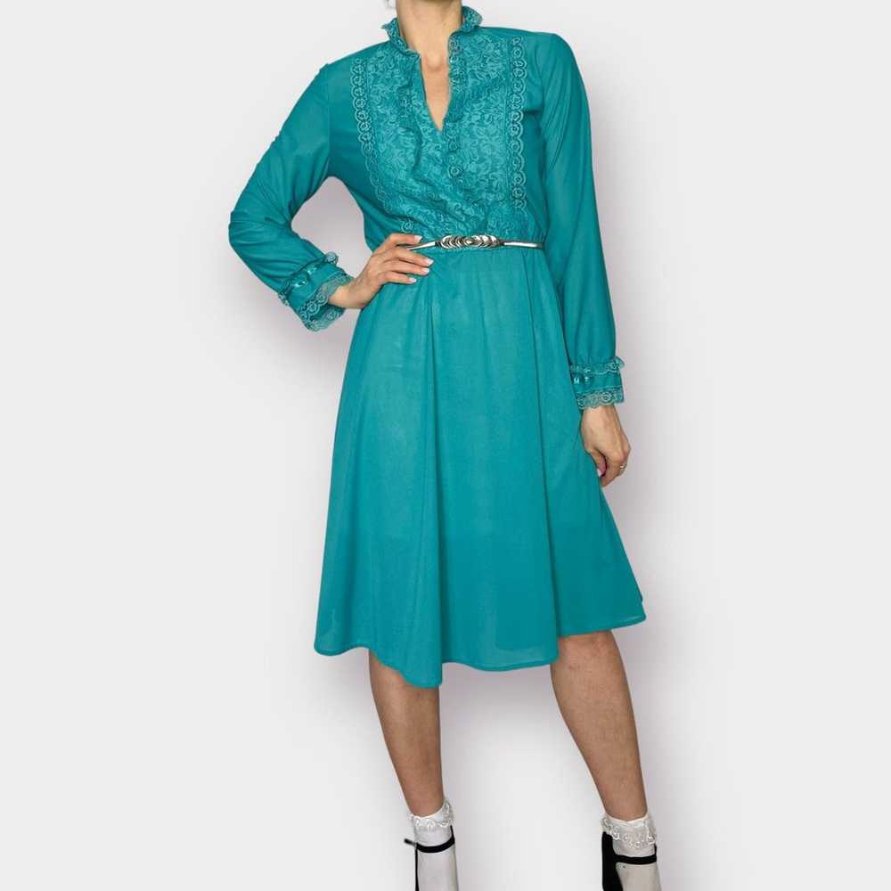80s Jane Baar Teal Day Dress with Lace Trim - image 4